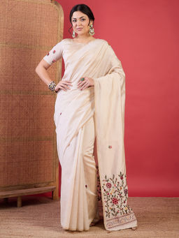 Akhilam - Women Tussar Silk Cream Embroidered Designer Saree with Unstitched Blouse