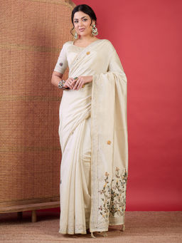 Akhilam - Women Tussar Silk Cream Embroidered Designer Saree with Unstitched Blouse