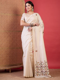 Akhilam - Women Tussar Silk Cream Embroidered Designer Saree with Unstitched Blouse