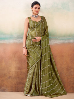 Akhilam - Women Georgette Green Embellished Designer Saree with Unstitched Blouse