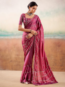 Akhilam - Women Georgette Pink Embellished Designer Saree with Unstitched Blouse