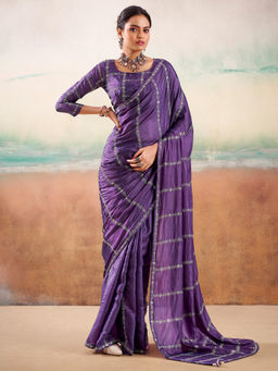 Akhilam - Women Georgette Purple Embellished Designer Saree with Unstitched Blouse