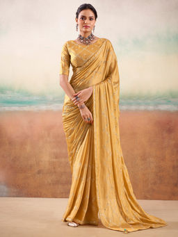 Akhilam - Women Georgette Yellow Embellished Designer Saree with Unstitched Blouse