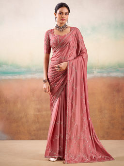 Akhilam - Women Georgette Rose Gold Embellished Designer Saree with Unstitched Blouse