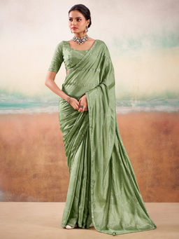 Akhilam - Women Georgette Light Green Embellished Designer Saree with Unstitched Blouse