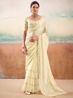 Akhilam - Women Georgette Beige Embellished Designer Saree with Unstitched Blouse