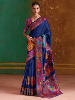 Akhilam - Women Pashmina Silk Navy Blue Floral Design Saree with Unstitched Blouse