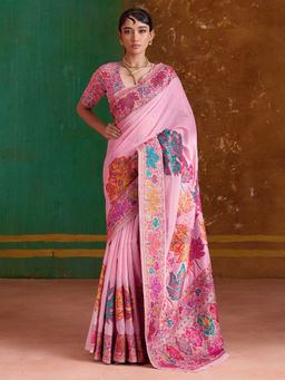 Akhilam - Women Pashmina Silk Pink Floral Design Saree with Unstitched Blouse