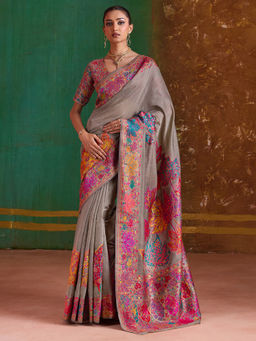 Akhilam - Women Pashmina Silk Grey Floral Design Saree with Unstitched Blouse