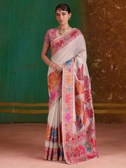 Akhilam - Women Pashmina Silk Beige Floral Design Saree with Unstitched Blouse