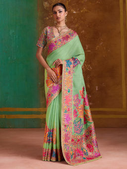 Akhilam - Women Pashmina Silk Light Green Floral Design Saree with Unstitched Blouse