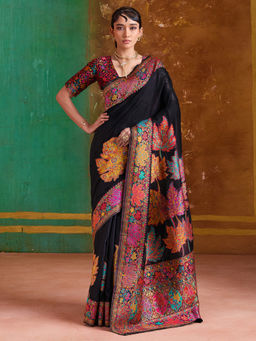 Akhilam - Women Pashmina Silk Black Floral Design Saree with Unstitched Blouse