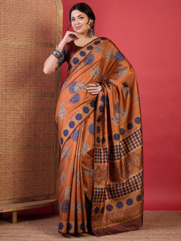 Akhilam - Women Silk Blend Brown Digital Print Designer Saree with Unstitched Blouse