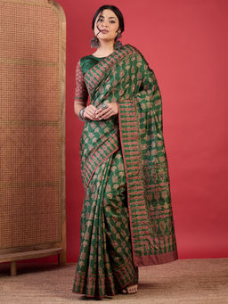 Akhilam - Women Silk Blend Green Digital Print Designer Saree with Unstitched Blouse