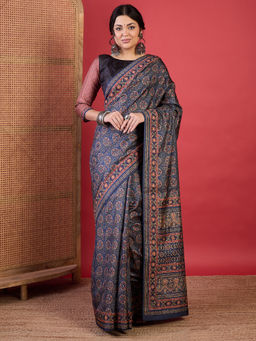 Akhilam - Women Silk Blend Blue Digital Print Designer Saree with Unstitched Blouse
