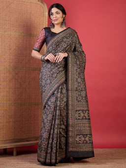 Akhilam - Women Silk Blend Coffee Brown Digital Print Designer Saree with Unstitched Blouse