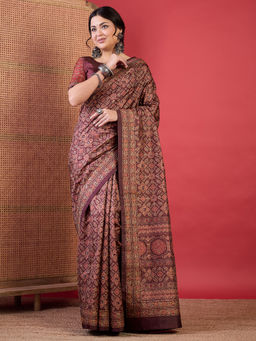 Akhilam - Women Silk Blend Brown Digital Print Designer Saree with Unstitched Blouse