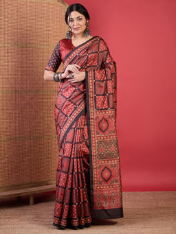 Akhilam - Women Silk Blend Maroon Digital Print Designer Saree with Unstitched Blouse