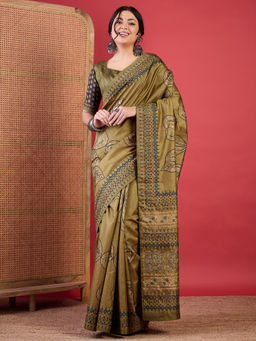 Akhilam - Women Silk Blend Olive Digital Print Designer Saree with Unstitched Blouse