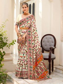 MEENA BAZAAR - Paisley Printed Art Silk Cream Saree Without Blouse