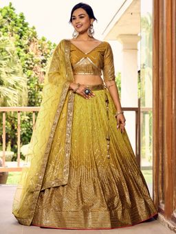 Pink Ethnic - Yellow Chinon Semi-stitched Lehenga with Unstitched Blouse and Dupatta