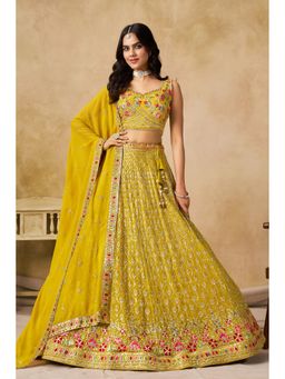 Pink Ethnic - Yellow Georgette Semi-stitched Lehenga with Unstitched Blouse and Dupatta