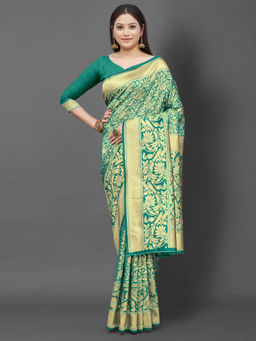Akhilam - Womens Silk Blend Teal green Woven Design Celebrity Saree with Unstitched Blouse