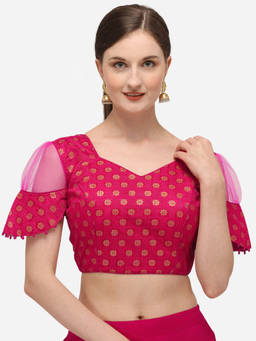 Amrutam Fab - Womens Jacquard Pink Stiched Blouse With V Neck