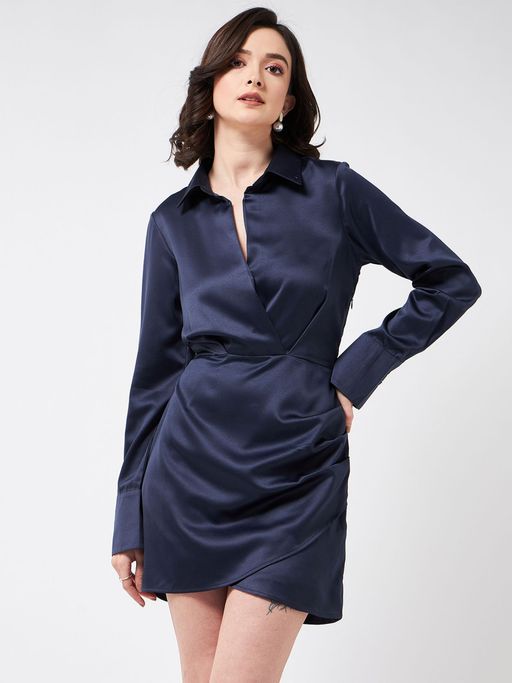 blue satin shirt dress Satin Cocktail Belt Long Sleeve Shirt Mini Dress