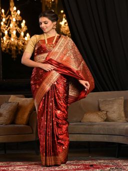 Beatitude - Maroon Satin Silk Printed Saree with Unstitched Blouse