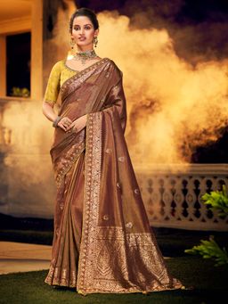 Odette - Brown Colour Viscose Dola Silk Saree Pair with Raw Silk with Unstitched Blouse