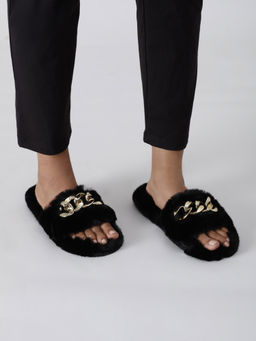 Twenty Dresses by Nykaa Fashion - Black Keep Them In Chains Fur Slippers