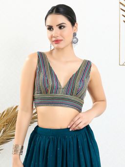 VAMAS - THE DESIGNER BLOUSES - Women Blue V-Neck Padded Stitched Blouse