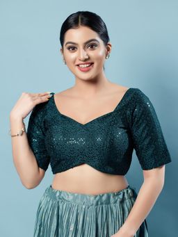 VAMAS - THE DESIGNER BLOUSES - Women Blue Sweetheart Neck Padded Stitched Blouse