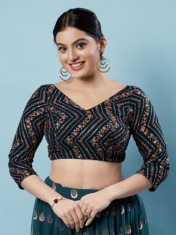 VAMAS - THE DESIGNER BLOUSES - Women Blue V-Neck Padded Stitched Blouse