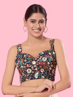 VAMAS - THE DESIGNER BLOUSES - Women Navy Blue Sweetheart Neck Padded Stitched Blouse