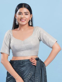 VAMAS - THE DESIGNER BLOUSES - Women Silver Round Neck Padded Stitched Blouse