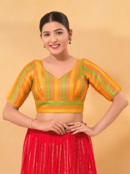 VAMAS - THE DESIGNER BLOUSES - Women Yellow Sweetheart Neck Padded Stitched Blouse