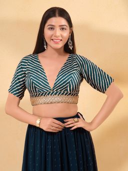 VAMAS - THE DESIGNER BLOUSES - Women Blue Plunging Neck Padded Stitched Blouse