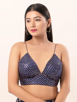 VAMAS - THE DESIGNER BLOUSES - Women Navy Blue Plunging Neck Padded Stitched Blouse