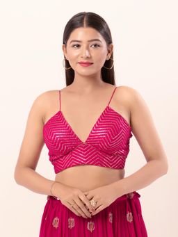 VAMAS - THE DESIGNER BLOUSES - Women Pink Plunging Neck Padded Stitched Blouse