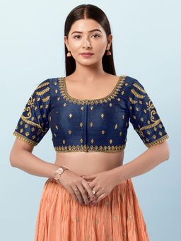 VAMAS - THE DESIGNER BLOUSES - Women Navy Blue Round Neck Padded Stitched Blouse