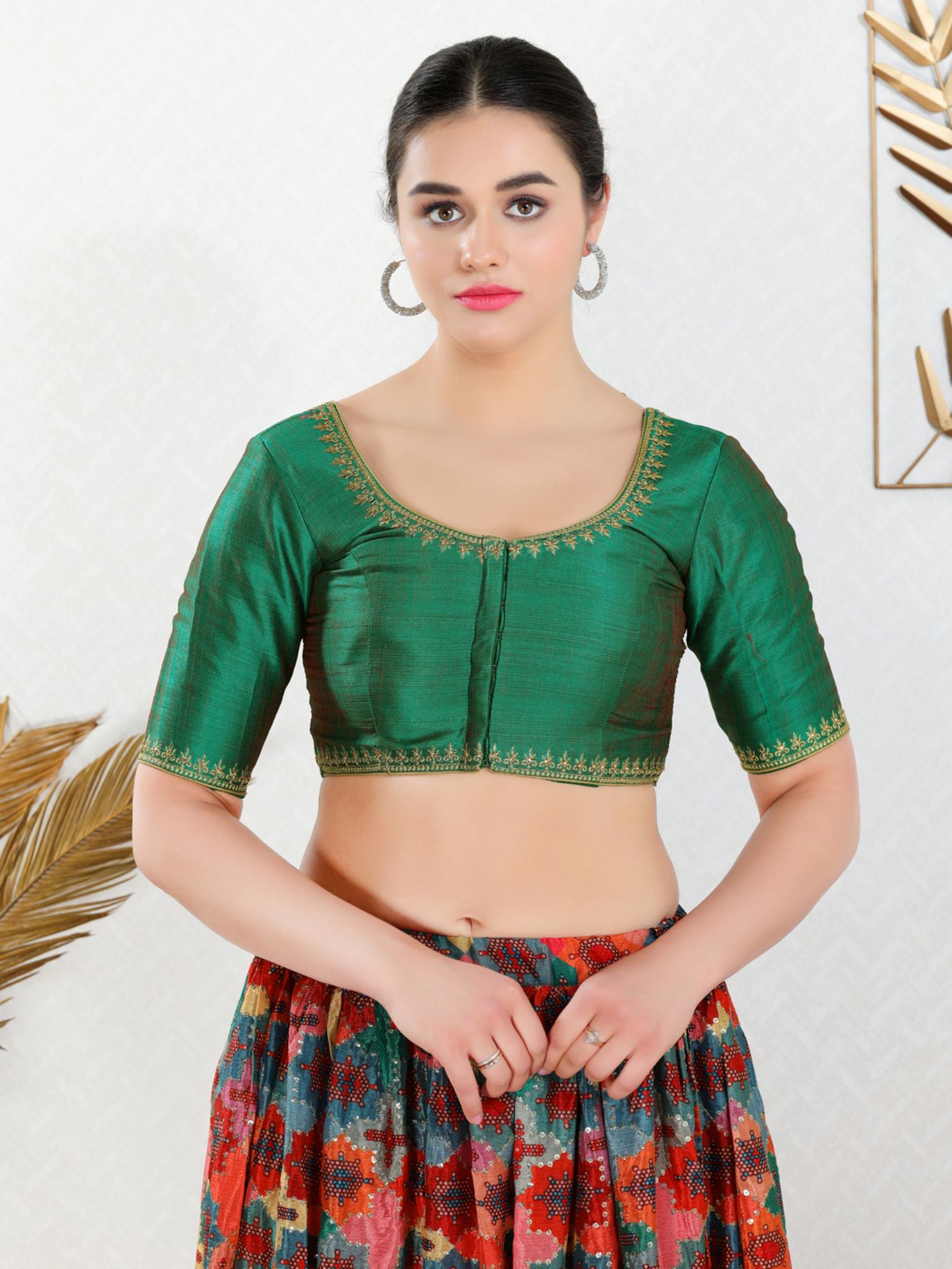 Women Green Round Neck Padded Stitched Blouse-picture-25