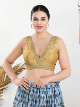 VAMAS - THE DESIGNER BLOUSES - Women Gold Plunging Neck Padded Stitched Blouse