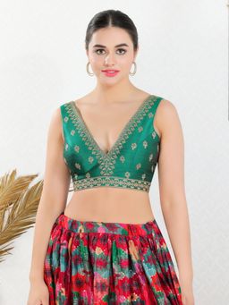 VAMAS - THE DESIGNER BLOUSES - Women Green Plunging Neck Padded Stitched Blouse