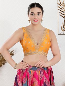 VAMAS - THE DESIGNER BLOUSES - Women Mustard Plunging Neck Padded Stitched Blouse