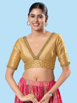 VAMAS - THE DESIGNER BLOUSES - Women Gold Plunging Neck Padded Stitched Blouse