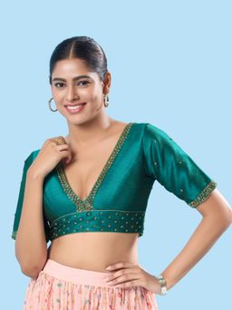 VAMAS - THE DESIGNER BLOUSES - Women Green Plunging Neck Padded Stitched Blouse