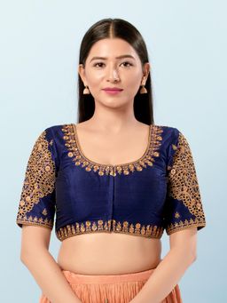 VAMAS - THE DESIGNER BLOUSES - Women Navy Blue Round Neck Padded Stitched Blouse