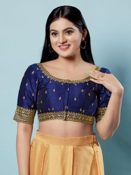 VAMAS - THE DESIGNER BLOUSES - Women Navy Blue Round Neck Padded Stitched Blouse